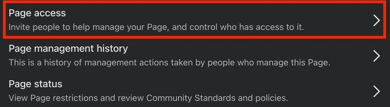 Facebook page access settings showing permission options