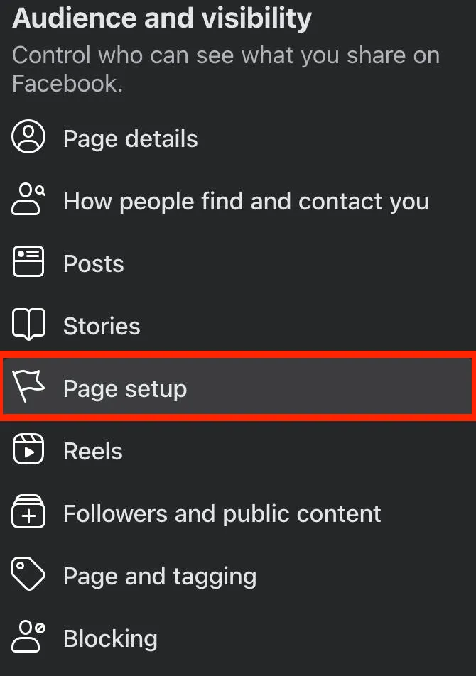 Facebook page setup interface for managing access