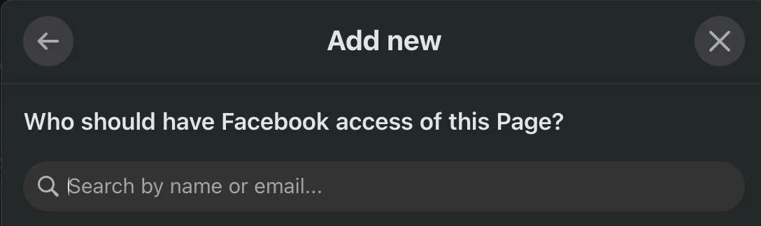 Interface for adding a new person to Facebook page access