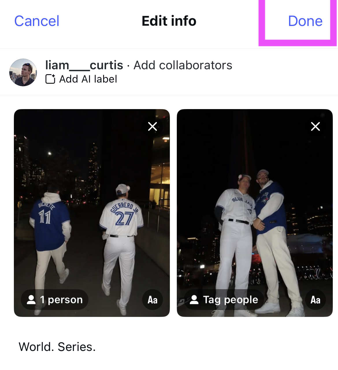 Screenshot of a carousel post on Instagram, with the done button highlighted