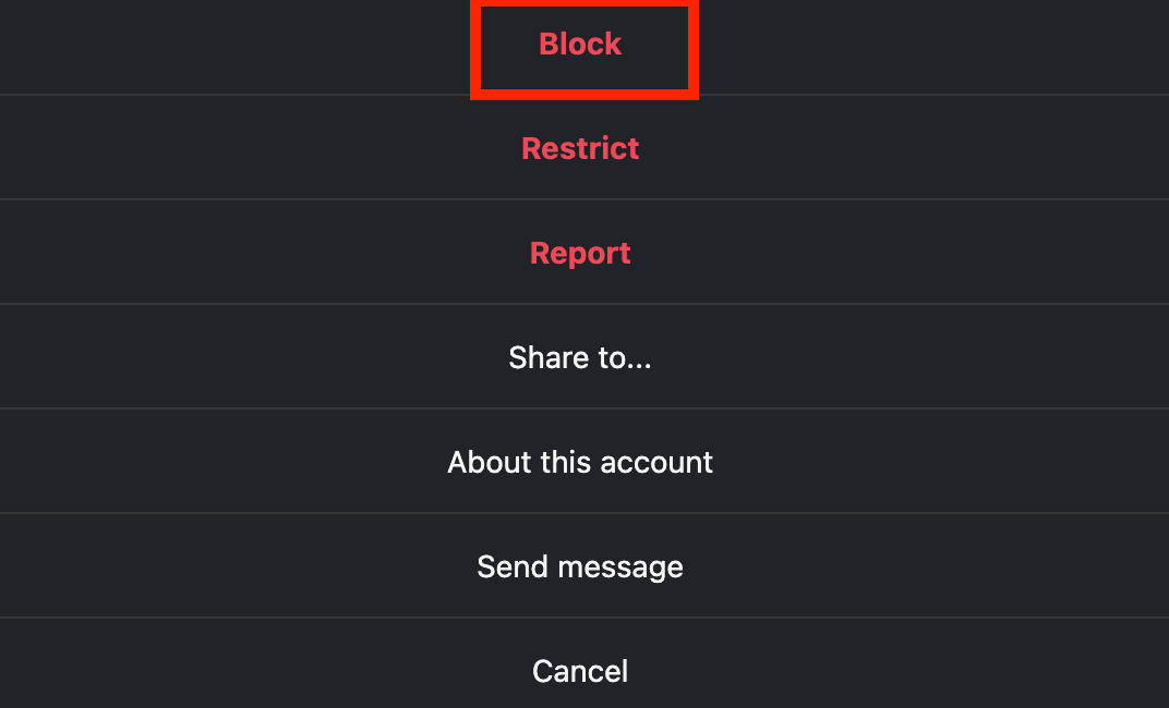 Instagram block user confirmation screen