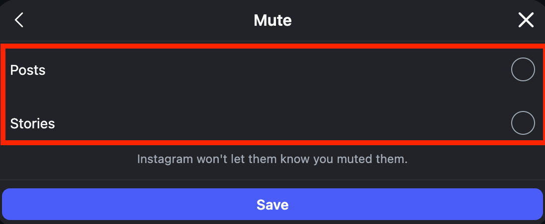 Instagram mute options showing posts and stories settings