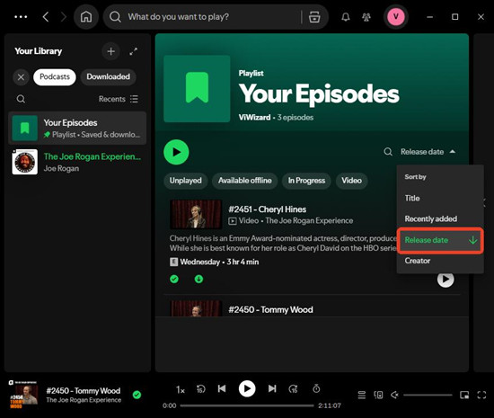 spotify desktop your episodes sort by release date
