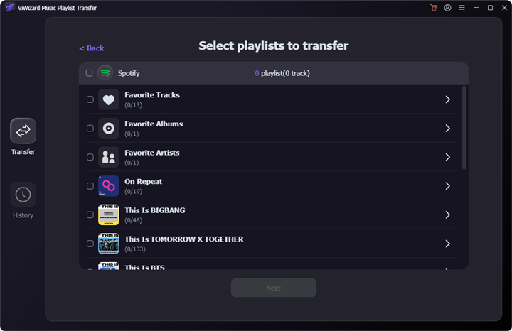 select playlists to transfer