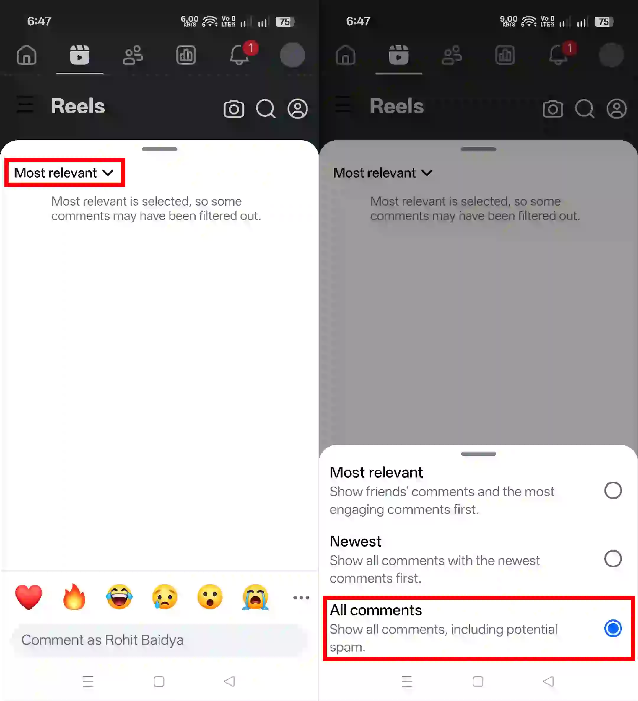 Changing Facebook comment filter from most relevant to all comments