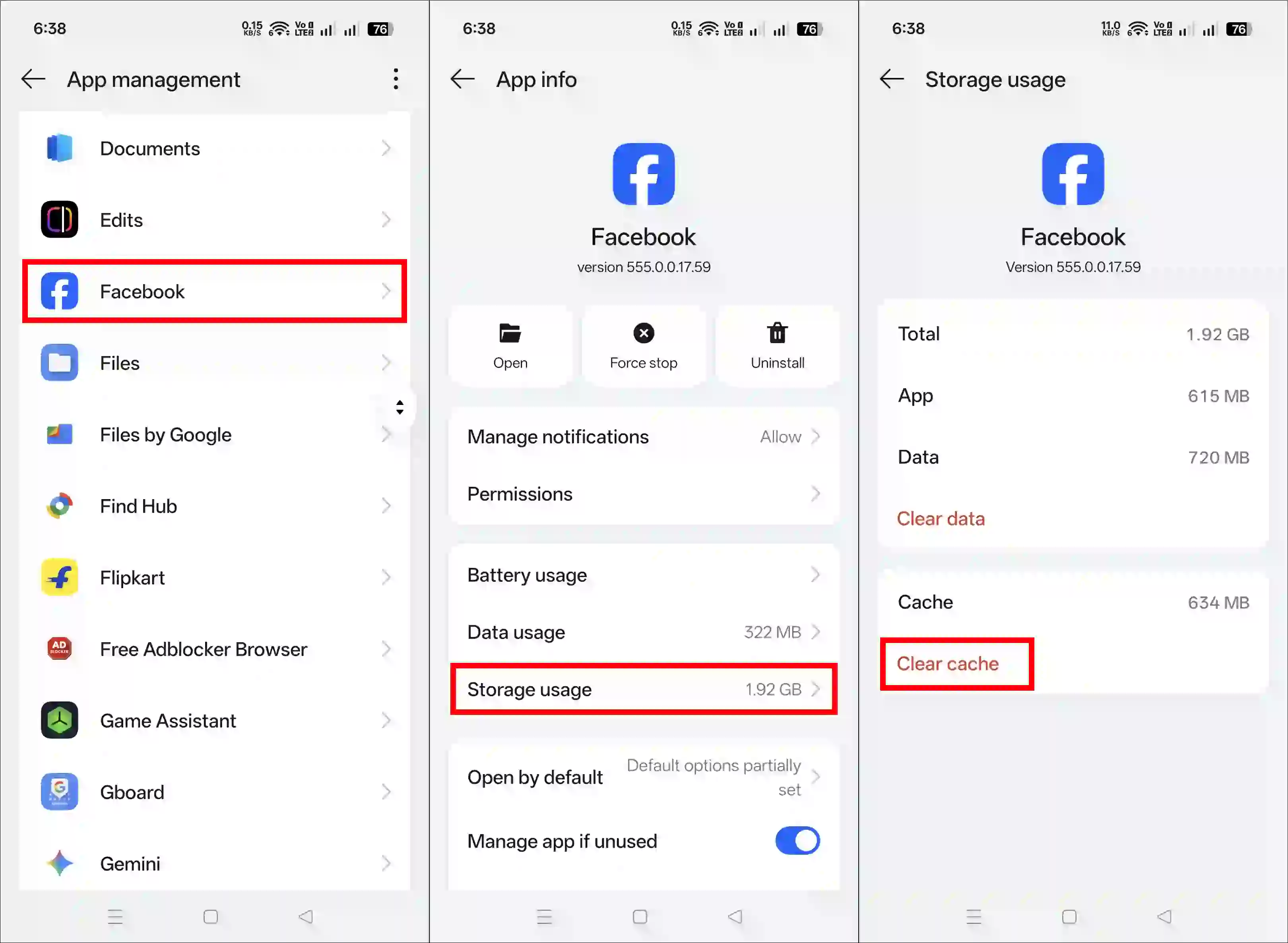 Clearing Facebook app cache on Android device