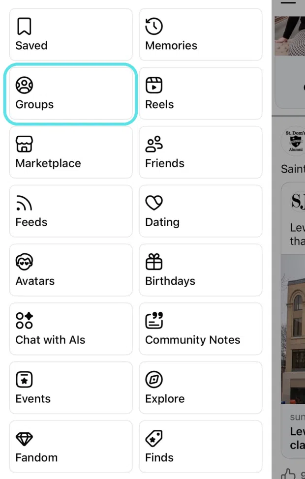 Groups button navigation in Facebook interface