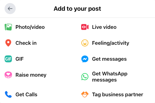 Facebook post creation interface showing various content features and tools available
