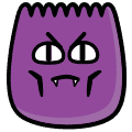 Evil purple dumpling emoji with fangs
