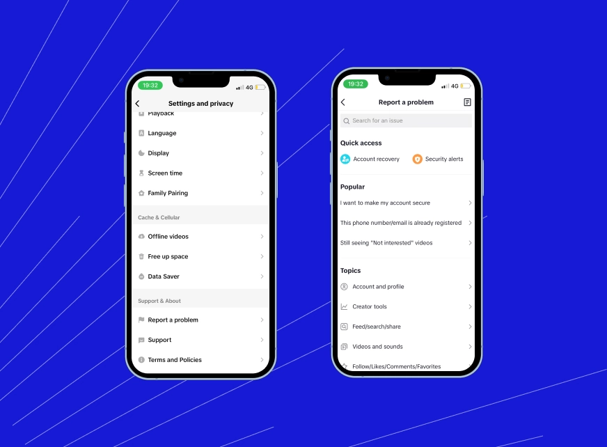 TikTok Report a Problem screen with Account and Profile option highlighted