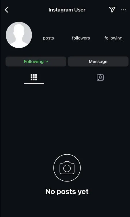 Instagram profile showing no posts yet message