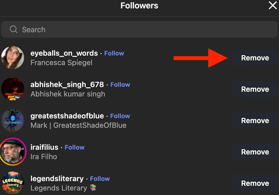 Instagram remove followers button interface