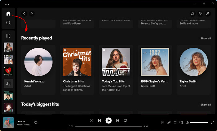 Recently played artists section on Spotify home screen