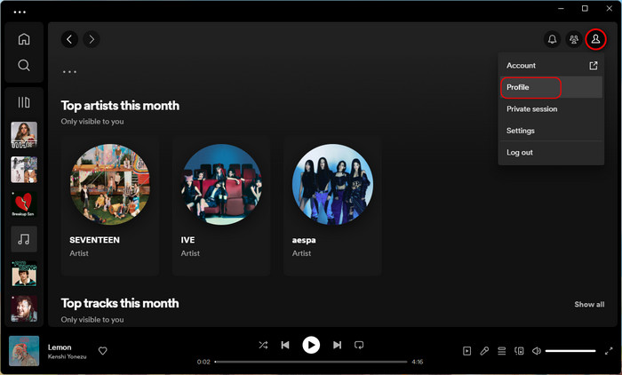 Spotify profile page displaying top artists section