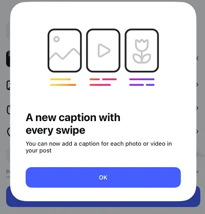 Instagram carousel captions interface showing per-slide caption feature