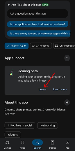 The process of leaving Instagram's beta programme