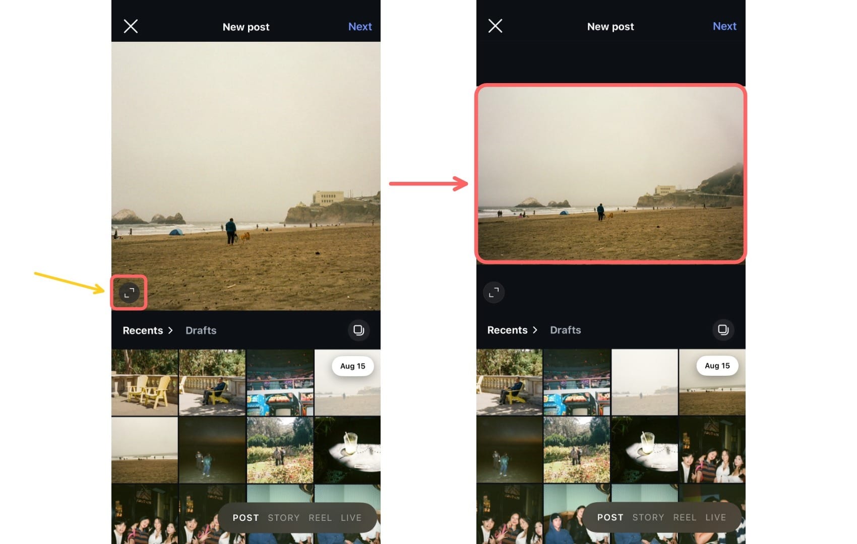 Instagram Photo Size Guide: Before and after comparison showing Instagram's resize button functionality