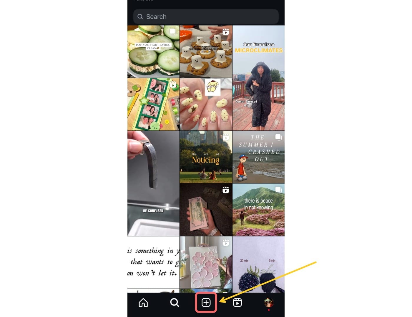 Instagram Photo Size Guide: Instagram app interface showing the plus button for creating new posts