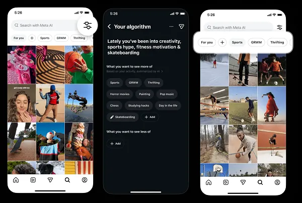 Instagram Explore Topics interface showing algorithm control options