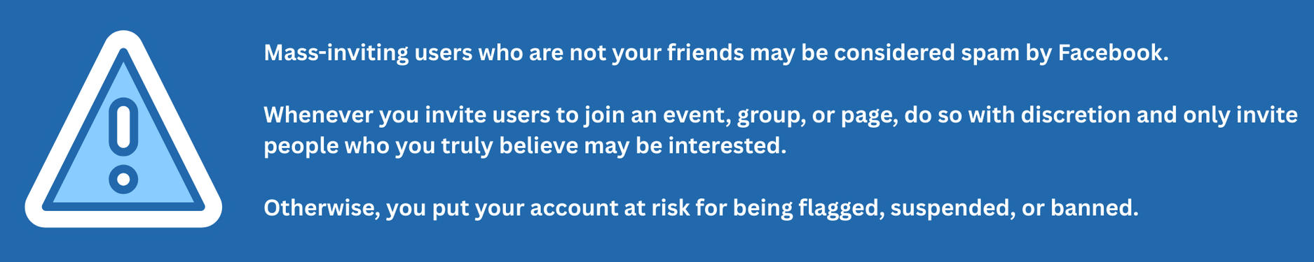 Facebook event invitation disclaimer warning about spam and account risks when mass-inviting users