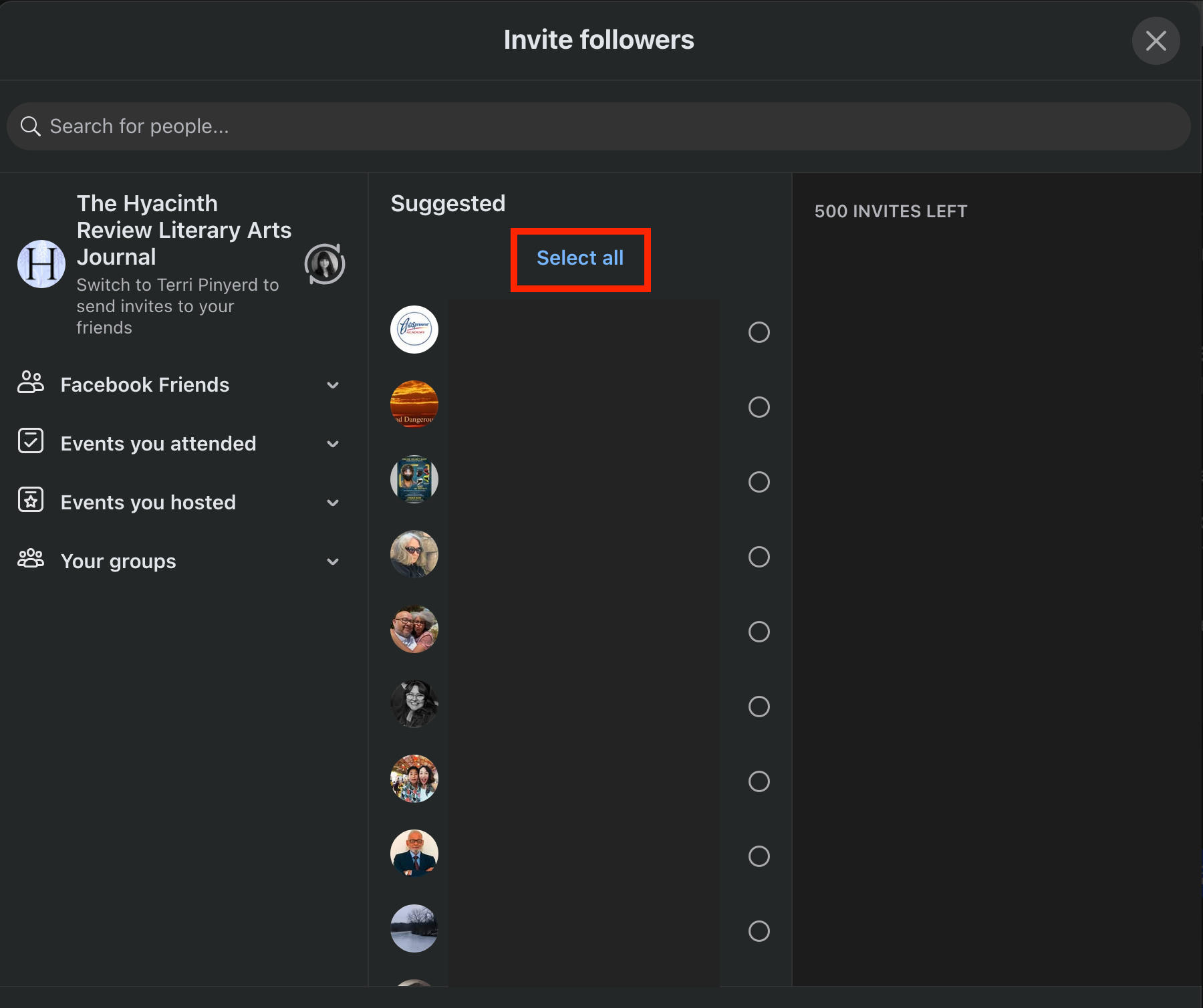 Facebook event invite all followers interface showing selection options