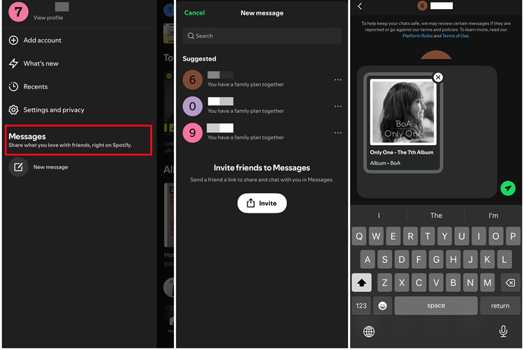 spotify mobile messages invite friends to messages