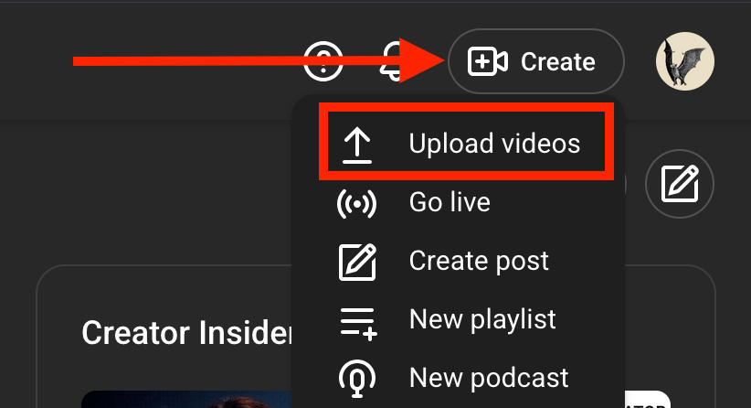 YouTube Studio create and upload videos interface