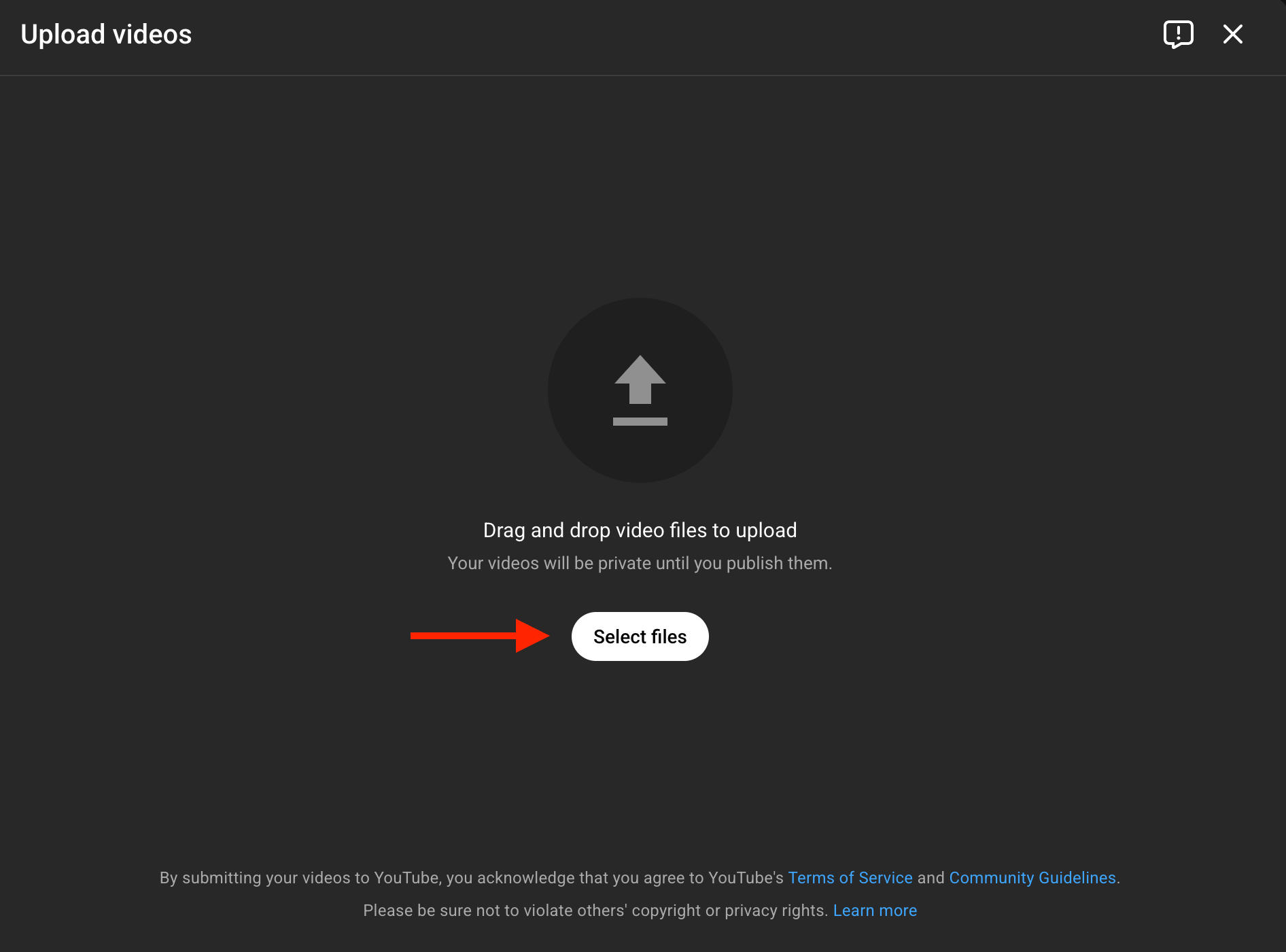 YouTube Studio file selection screen for video upload