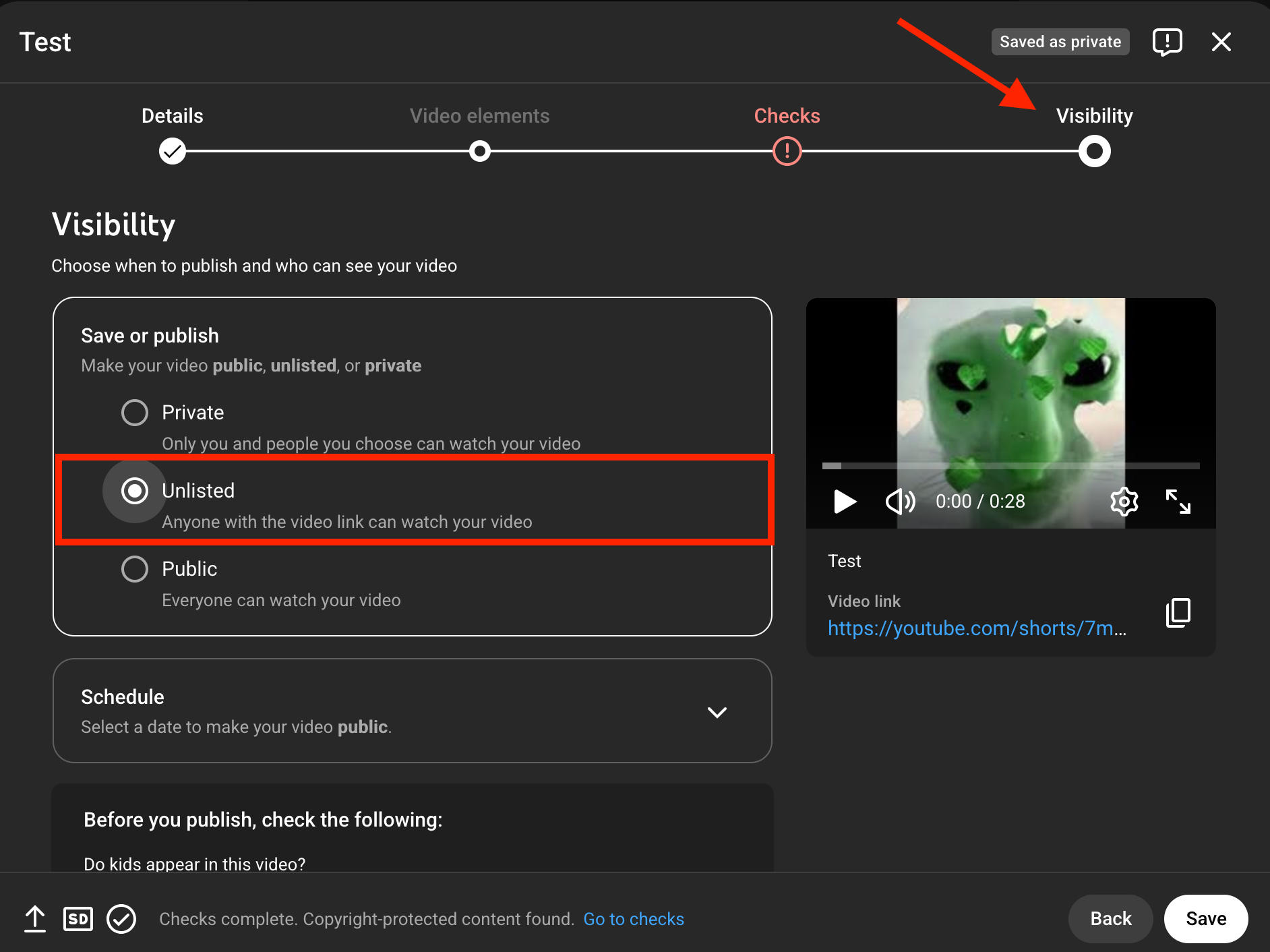 YouTube Studio unlisted video upload visibility settings