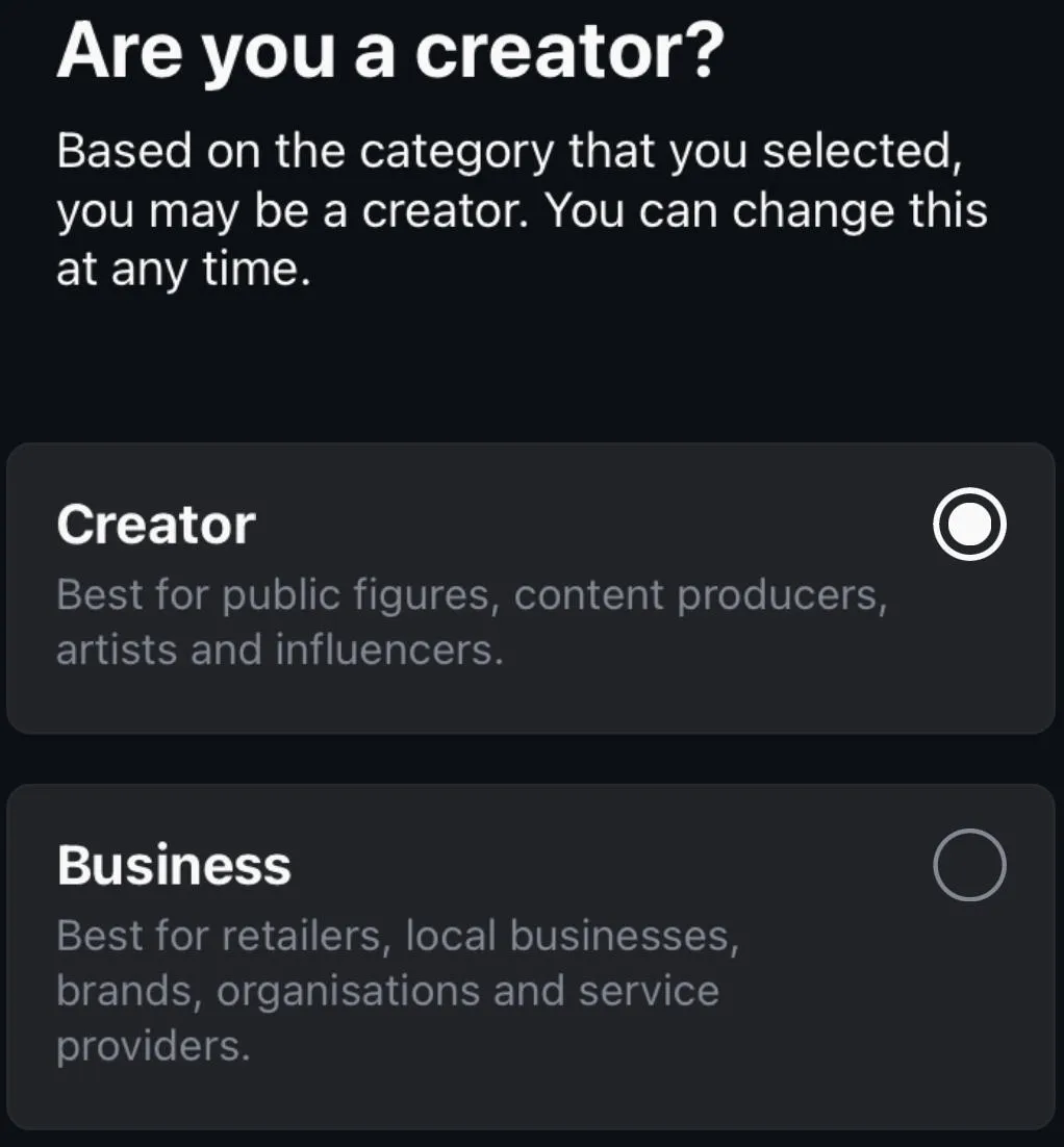 Instagram creator and business account selection screen