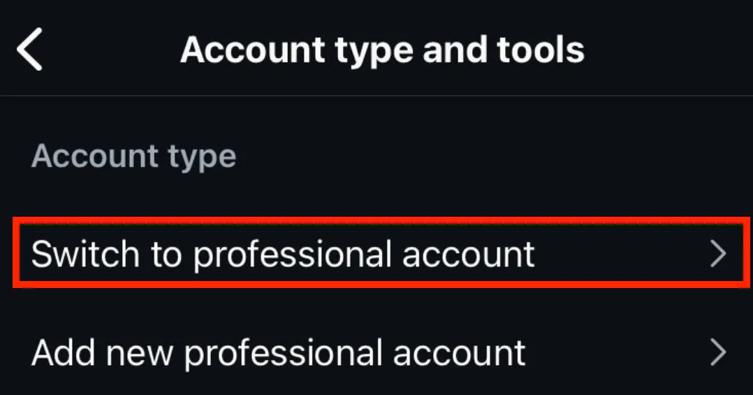 Instagram switch to professional account button in settings menu