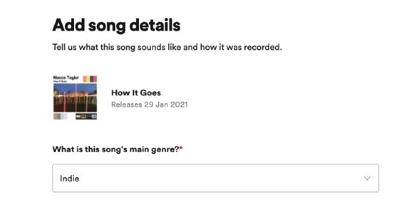 Spotifyのプレイリスト投稿フォームには、ジャンルとムードの選択オプションが表示されます。