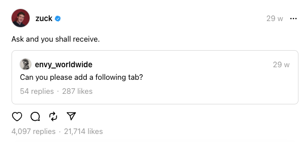 Mark Zuckerberg's Threads post announcing algorithm updates
