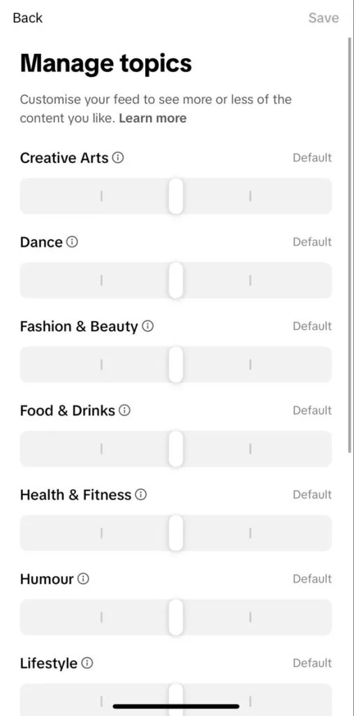 TikTok content preferences settings showing AI-generated content slider