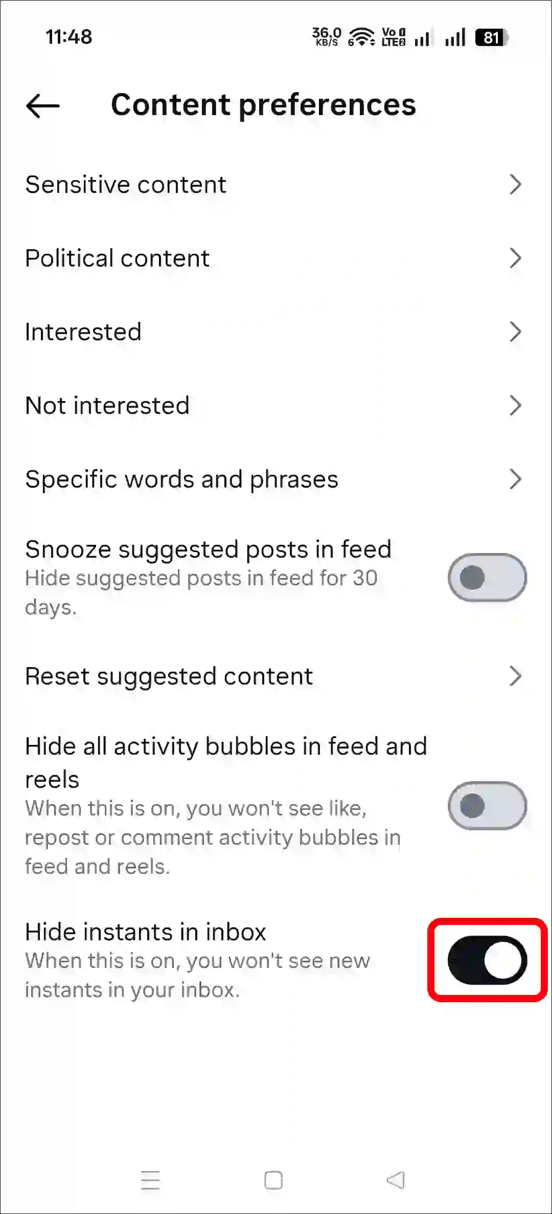 désactiver la messagerie instantanée sur Instagram