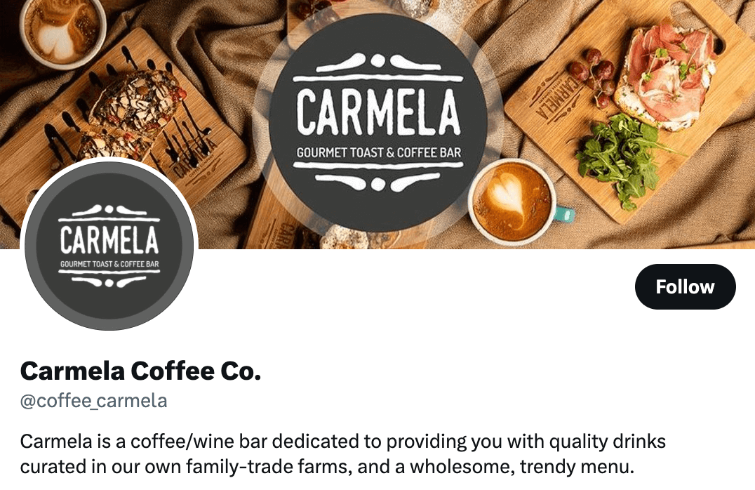 Carmela Coffee Co.'s X profile showing bio about commitment to serving quality drinks