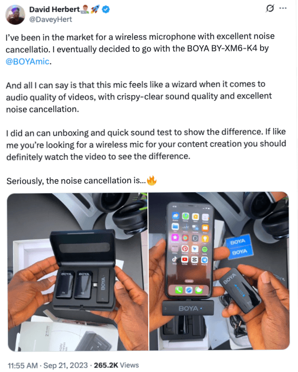 Tweet showing BOYA microphone unboxing and connection to iPhone