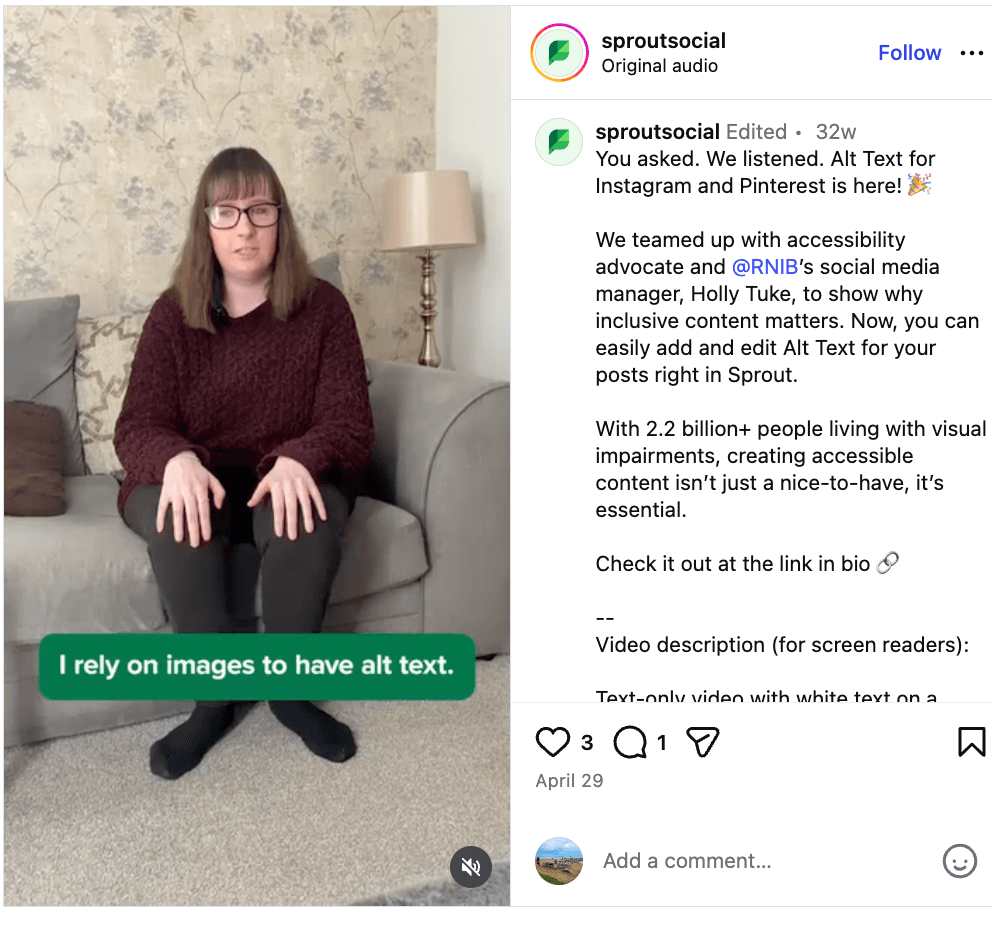 IG post from accessibility advocate and @RNIB's social media manager, Holly Tuke where she shares why inclusive content matters for brands and audiences alike.