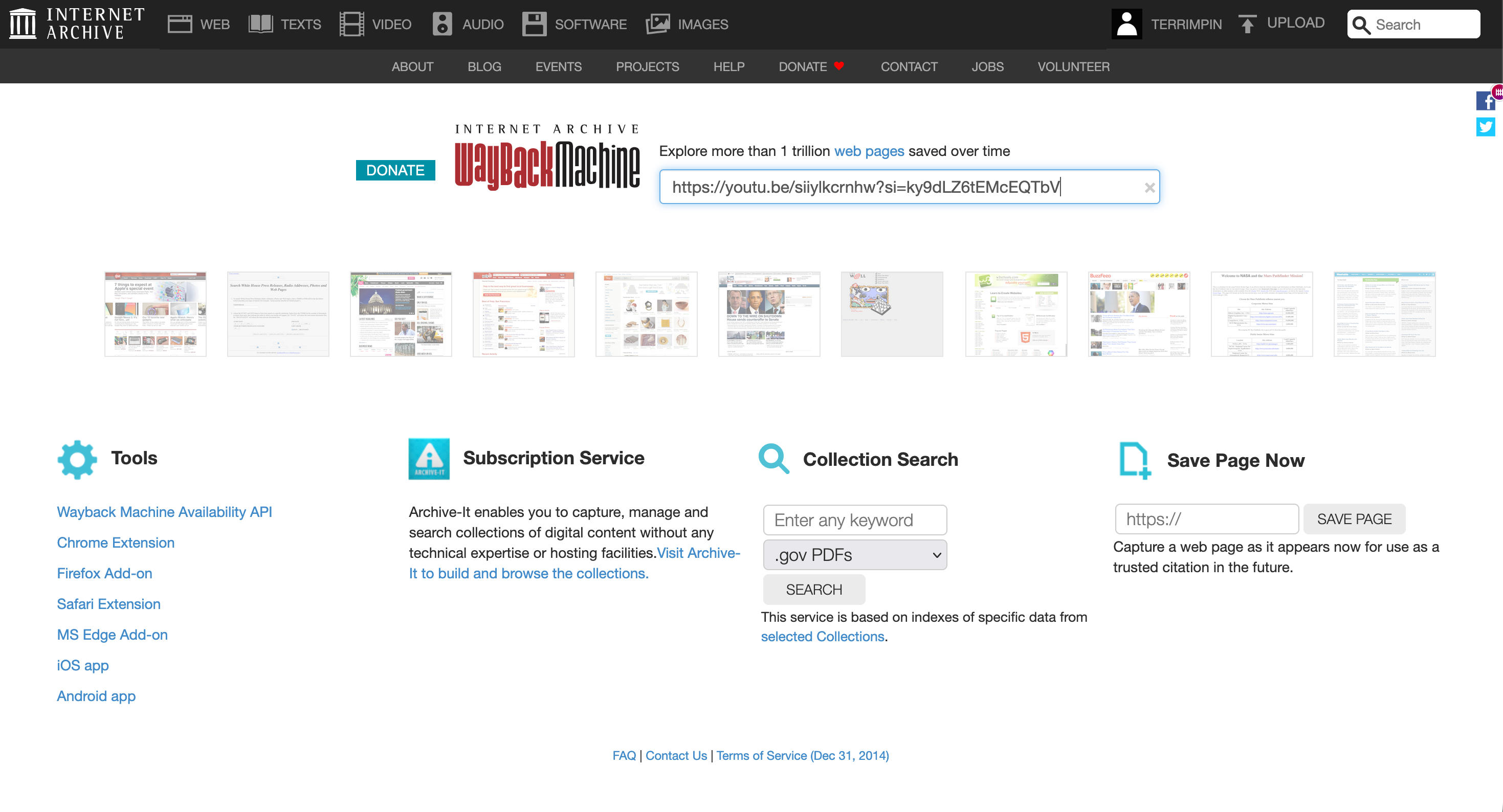 Wayback Machine homepage interface showing URL search bar