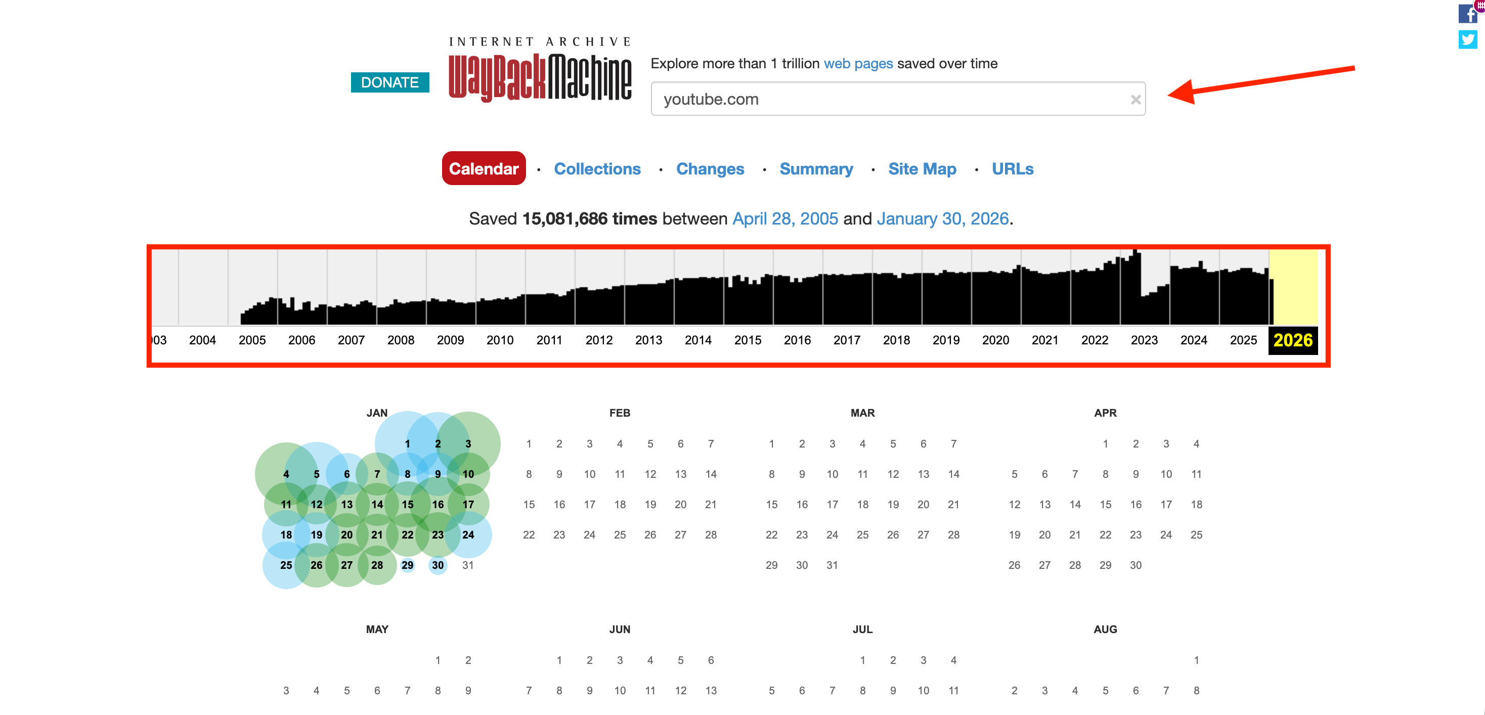 Wayback Machine timeline showing historical captures