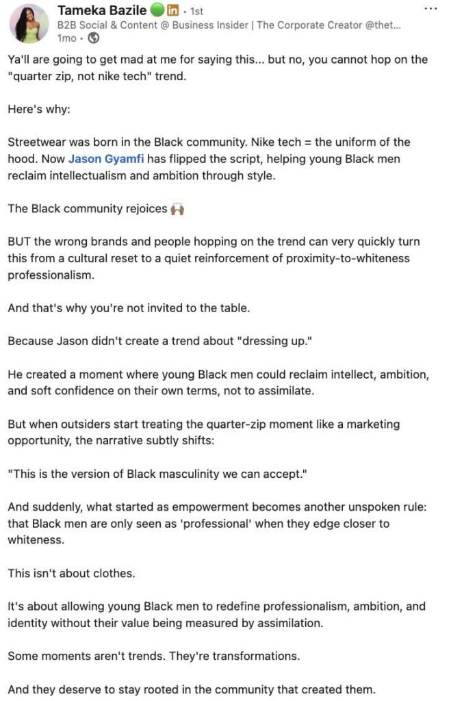 A LinkedIn post from Tameka Bazile about why brands shouldn't jump on the Nike Quarter Zip trend and explain when brands should use internet slang
