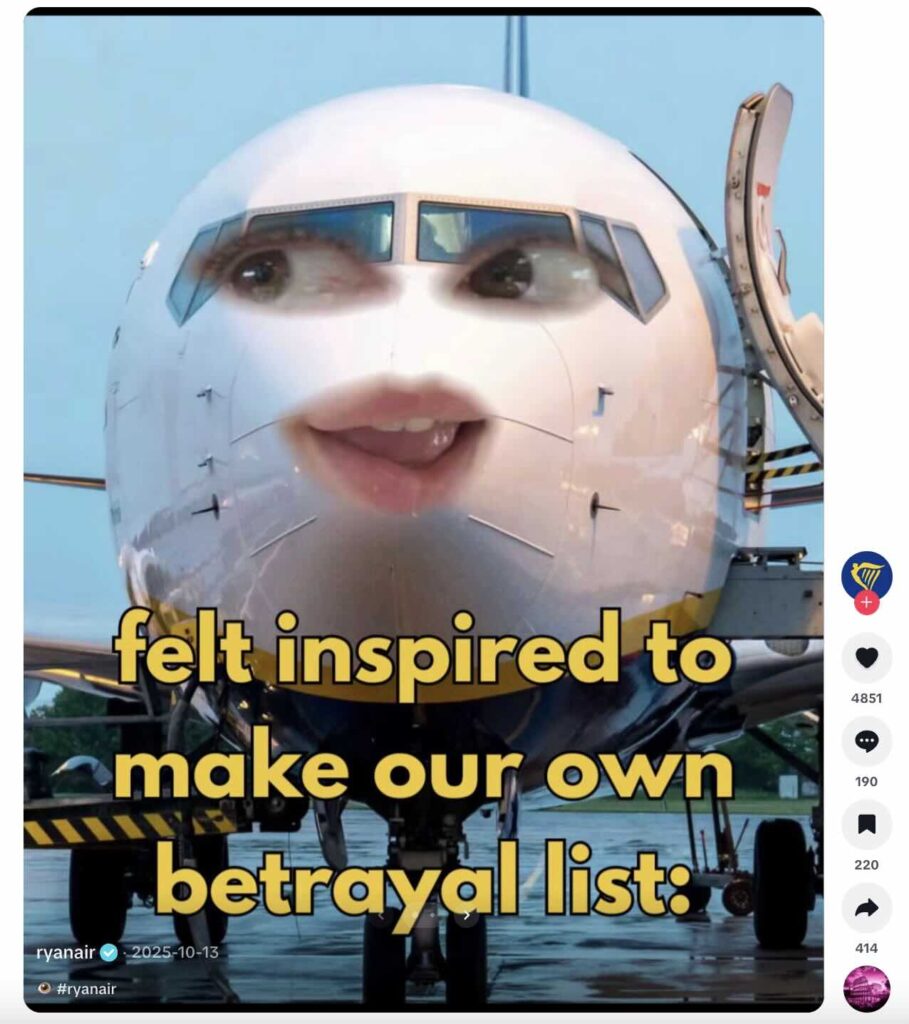A RyanAir post about their betrayal list