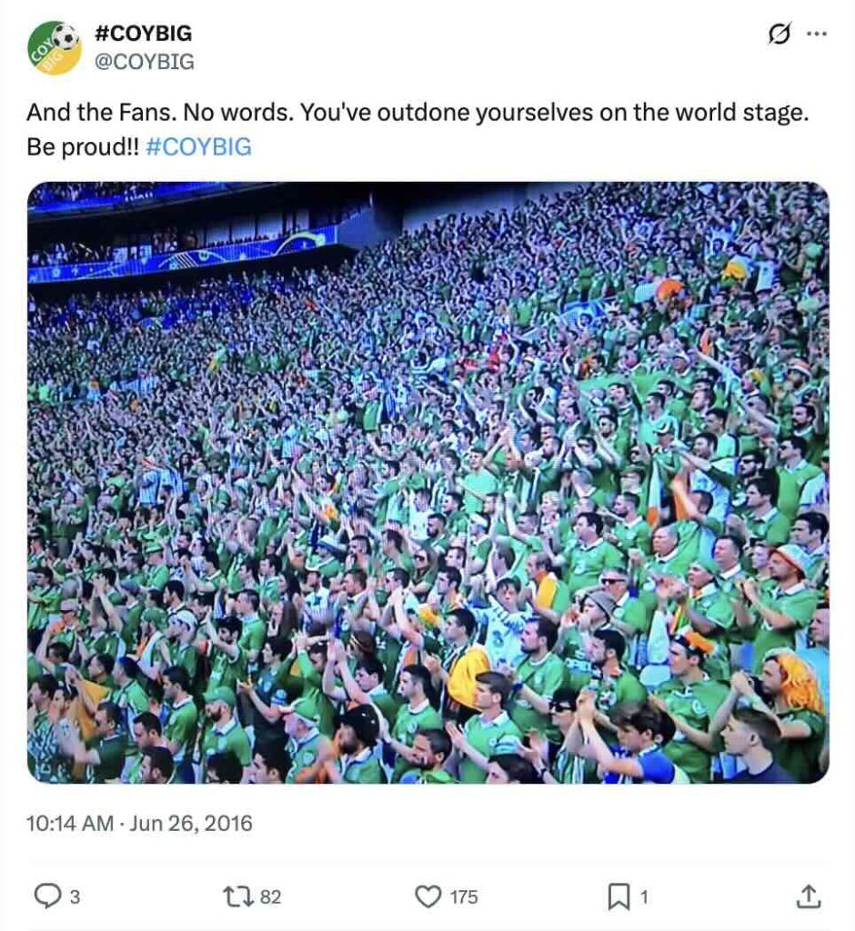 An X post from an account @COYBIG that features an image of Irish football fans in the stands emphasize when brands should use internet slang